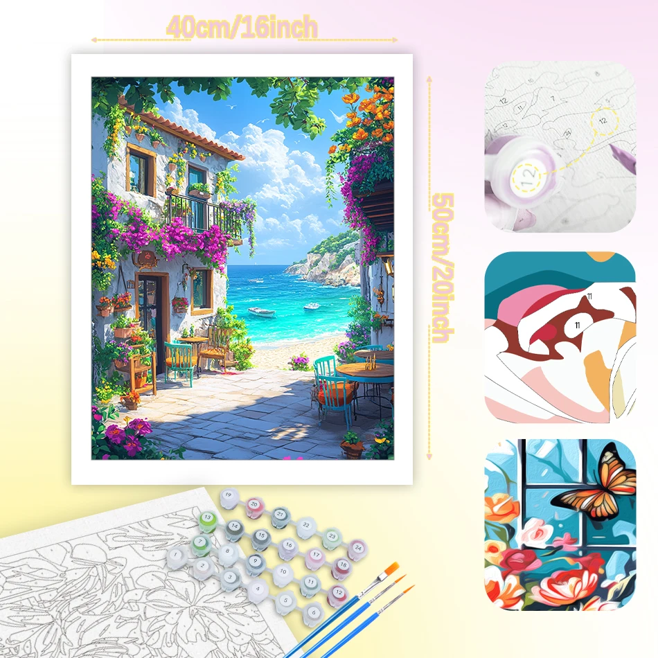 Фото RUOPOTY Diy Paint By Numbers Kit для взрослых Уникальные подарки Художественные наборы для взрослых Приморский коттедж Краска по номерам для взрослых Акрил №5