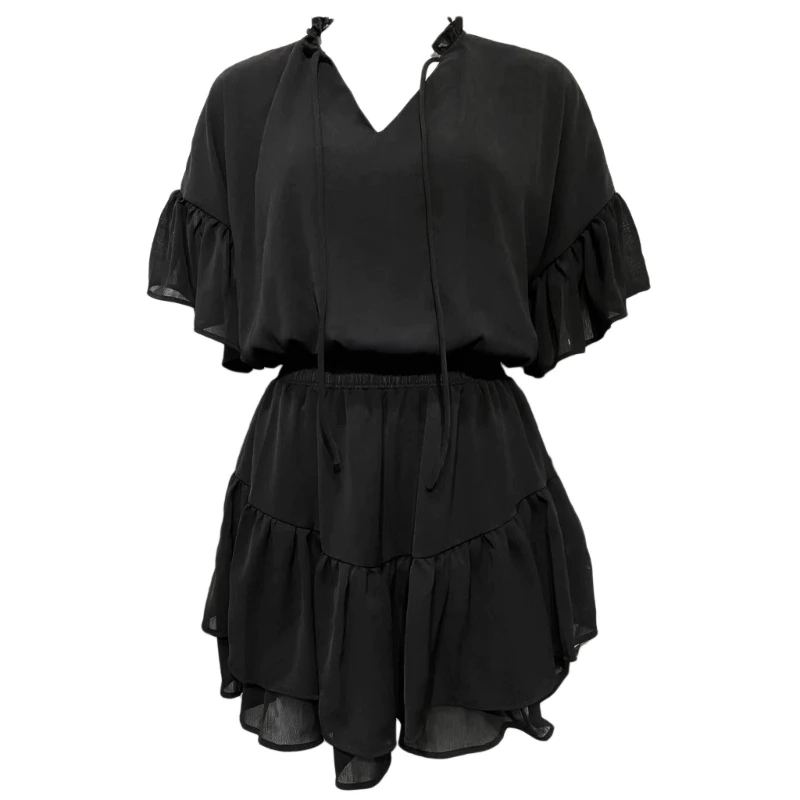 

Womens Casual V Neck Short Sleeve Smocked Waist Ruffle Hem Mini Dress