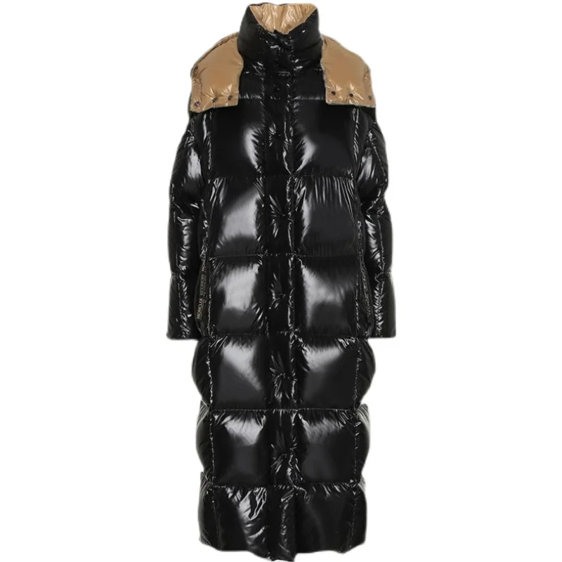

Winter 95 White Goose down over the Knee Glossy Loose Mid-Length Hooded Thickened Black down Jacket