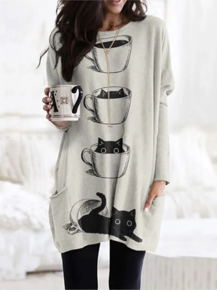 Ladies Long Sleeve Cat Print Round Neck Pocket Long T Shirt Girl Gift Long Sleeve T Shirt Women S-5XL Ladies