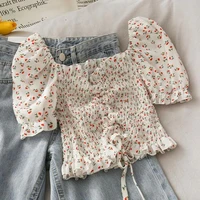kids baby girl casual 2pcs outfits floral square collar puff sleeve drawstring shirt solid color jeans with pocket set