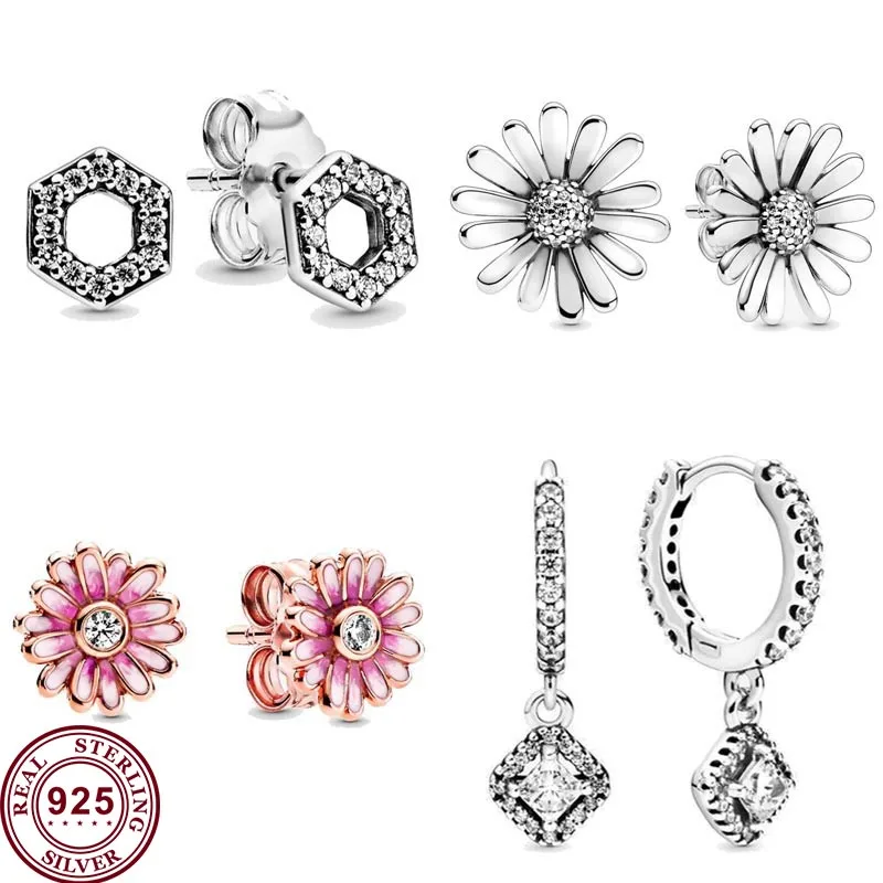 

2020new 925 серьги Silver Daisy Flower Square Sparkle Honeycomb Hexagon Pan Earrings Studs For Women Gift Diy Jewelry