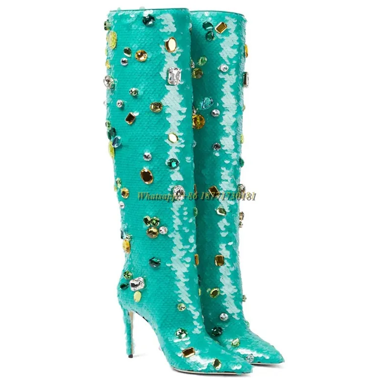 

Green Gemstone Sequin Pointed Toe Stiletto Knee High Women's Boots Plus Size Runway Show Dancing Boots Spring Autumn Winter