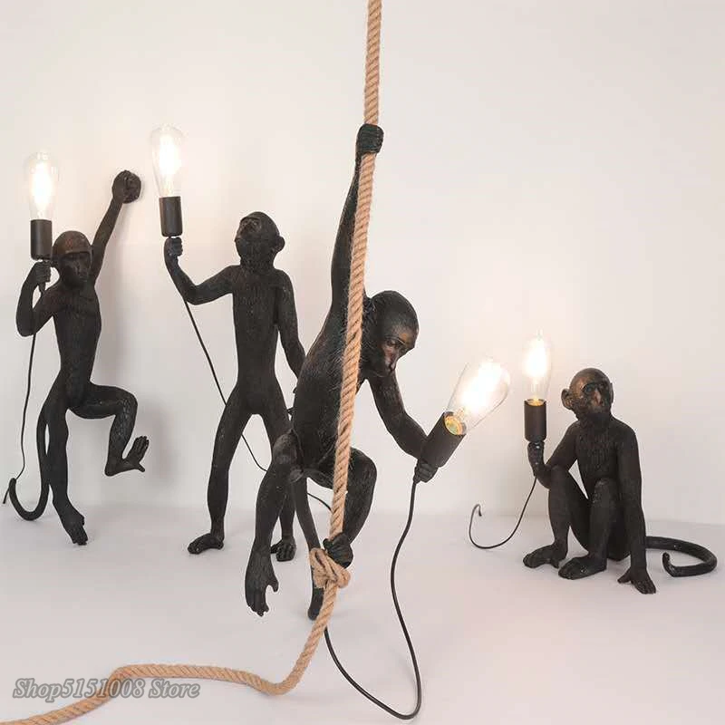 

Modern Pendant Lights Resin Gold Black Monkey LED Loft Hemp Rope Pendant Light Luminaires Bar Cafe Includes E27 Light Fixtures