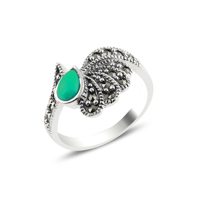 

Silver 925 Sterling Green Agate & Marcasite Ring