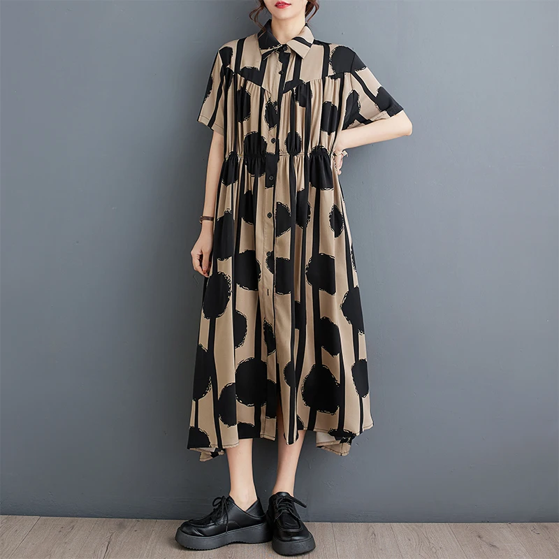 # 3852 Длинное платье-рубашка с принтом в горошек женское платье трапециевидной