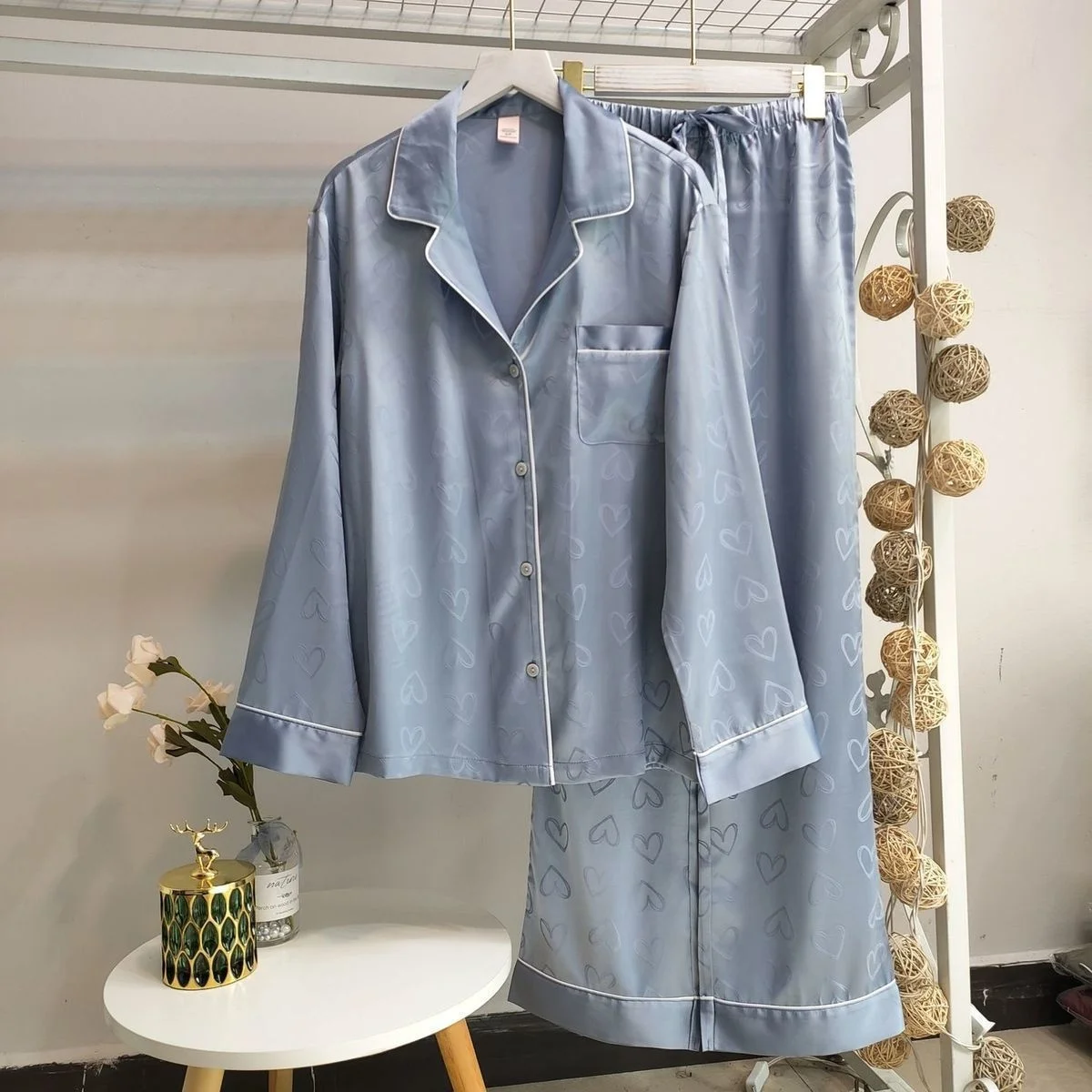 Victorian Style Pajamas Women's Ice Silk Ins Spring And Autumn Thin Long-sleeved Trousers Love Two-piece Household Clothes