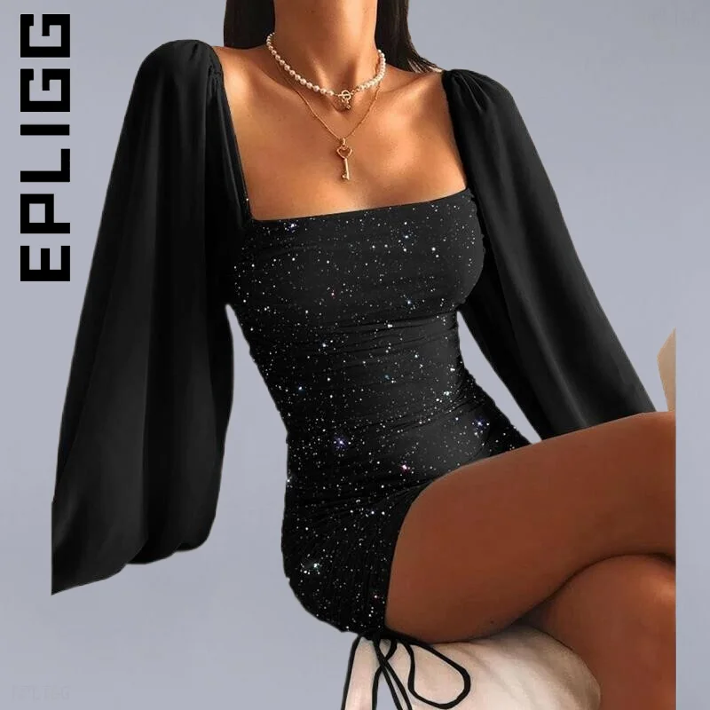 Epligg мини-платье-футляр с высокой талией и длинным рукавом корейское Дешевое