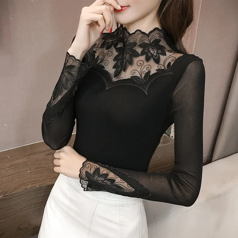 

Woman Tshirts Mesh Women's Long-Sleeved T-shirt Lace Top Gauze Clothes Tops Mujer Camisetas