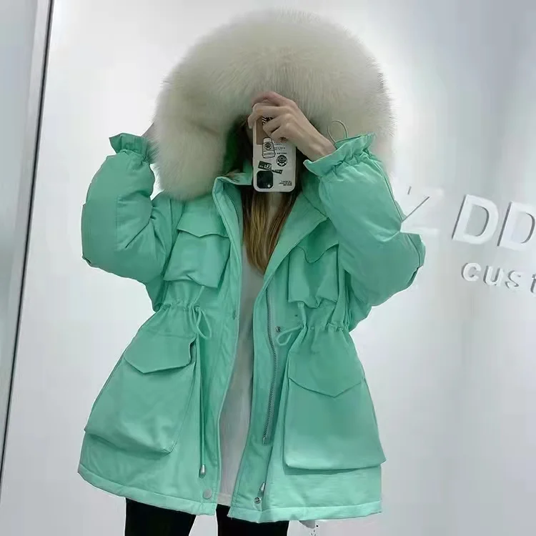 2023 Women Winter Down Coat Short Parkas with Real Fox Fur Hood Female Ladies Fashion Street Outerwear Clothing Plus Oversized