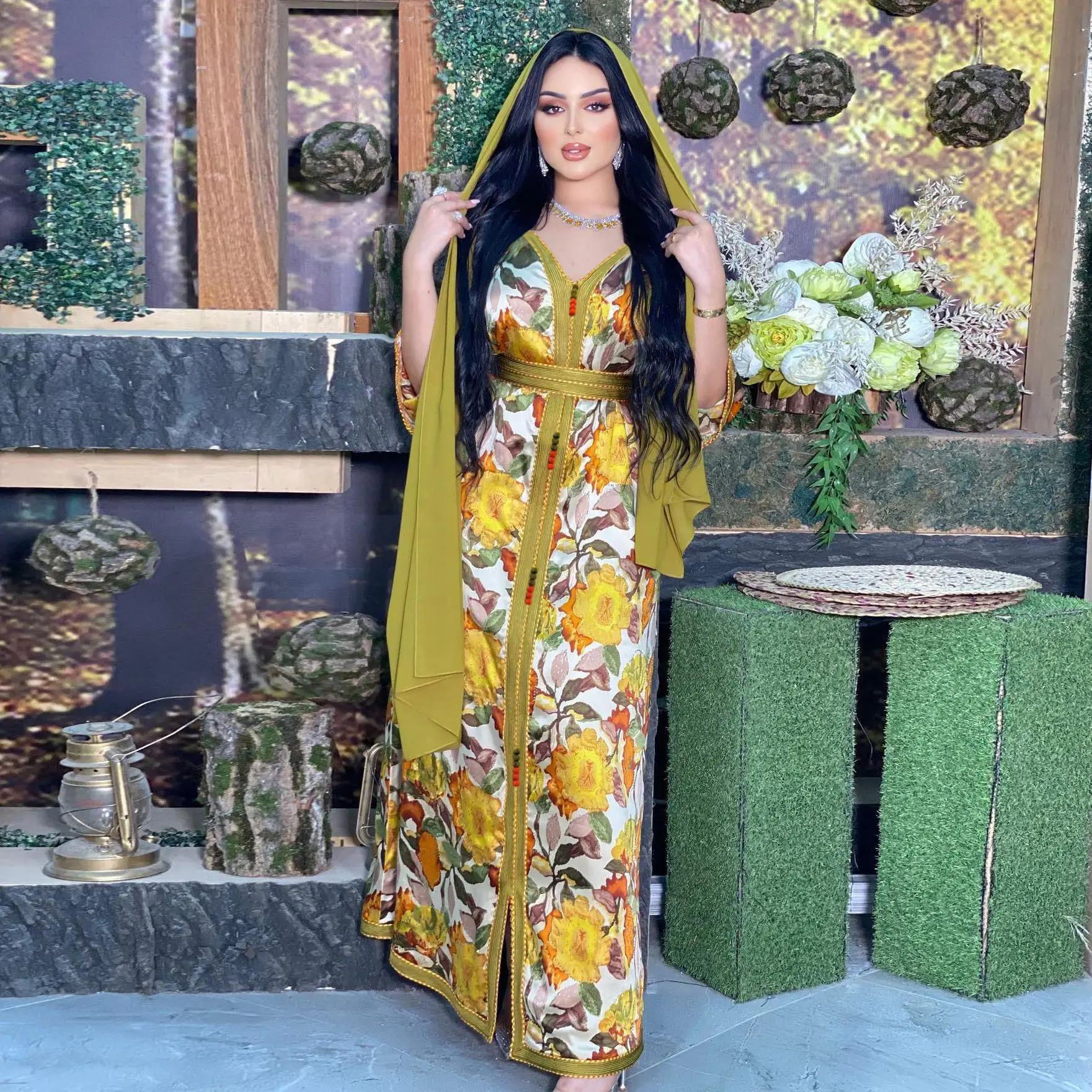 ICCLEK Luxury Flower Print Tunics Hijab Abaya For Women Dubai 2023 Turkish Muslim Long Woman Dress Islamic Clothing Women