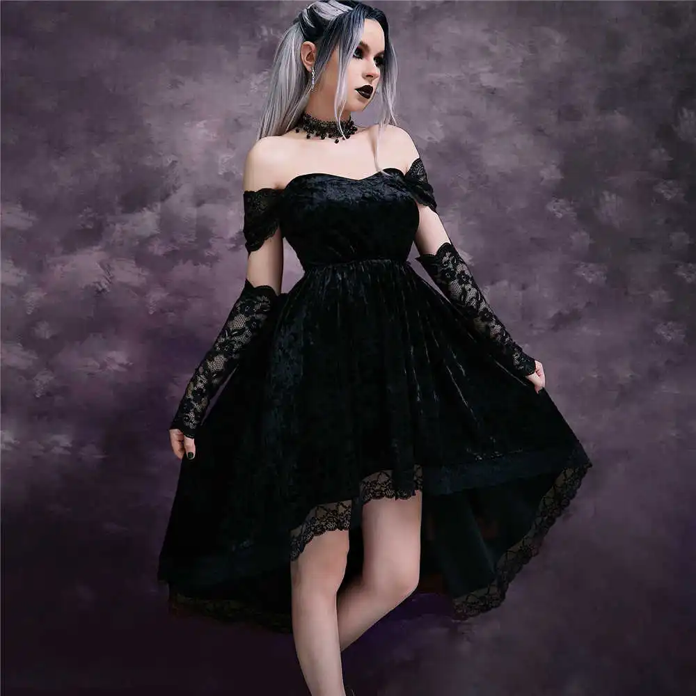

Rosetic Gothic Party Dress Women Retro Fashion Lace Short Sleeve See Through Solid Black Long Tail Big Swing Summer Dresses 2022