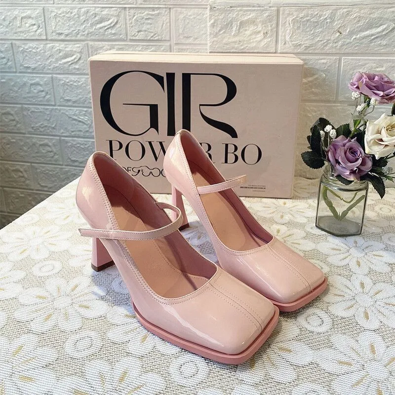 

Pink High Heels Women's 2022 Spring New One-word Belt Retro Girl Mary Jane Shoes French Stiletto Heels Square Toe Shoes