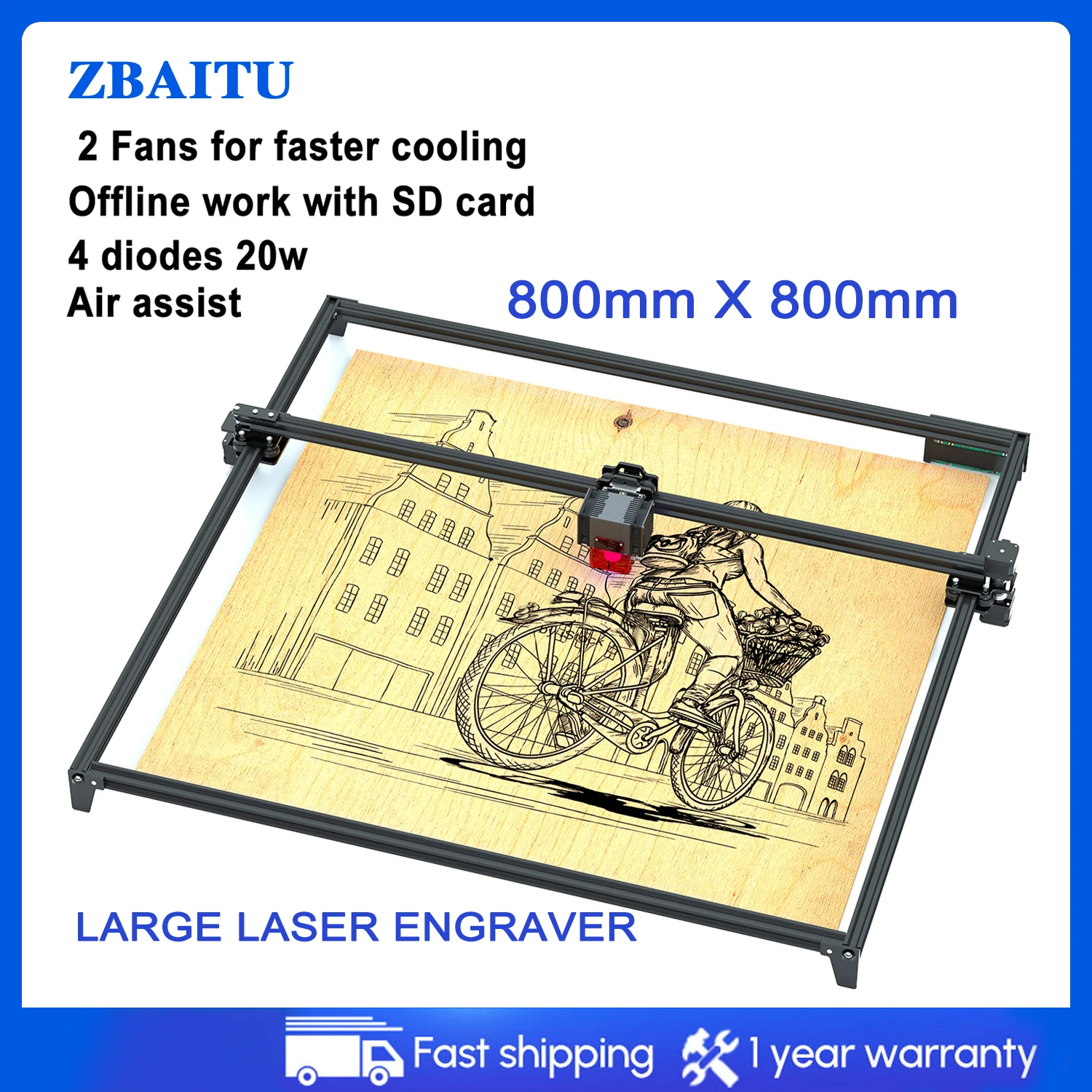 20W CNC Laser Engraver 80x80CM Engraving Machine Desktop DIY Mark Printer Cutter Woodworking Cutting Machines for Metal Wood