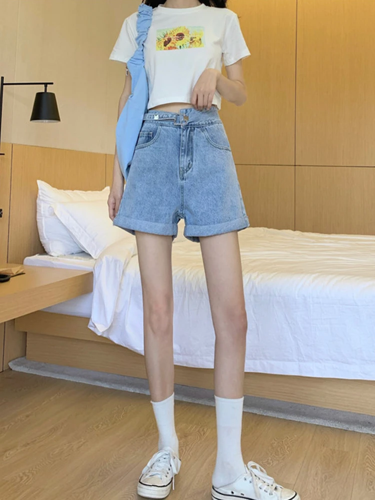 New Summer Women High Waist Button Blue Denim Shorts Streetwear Female Wide Leg Asymmetrical Jeans Shorts Bottoms