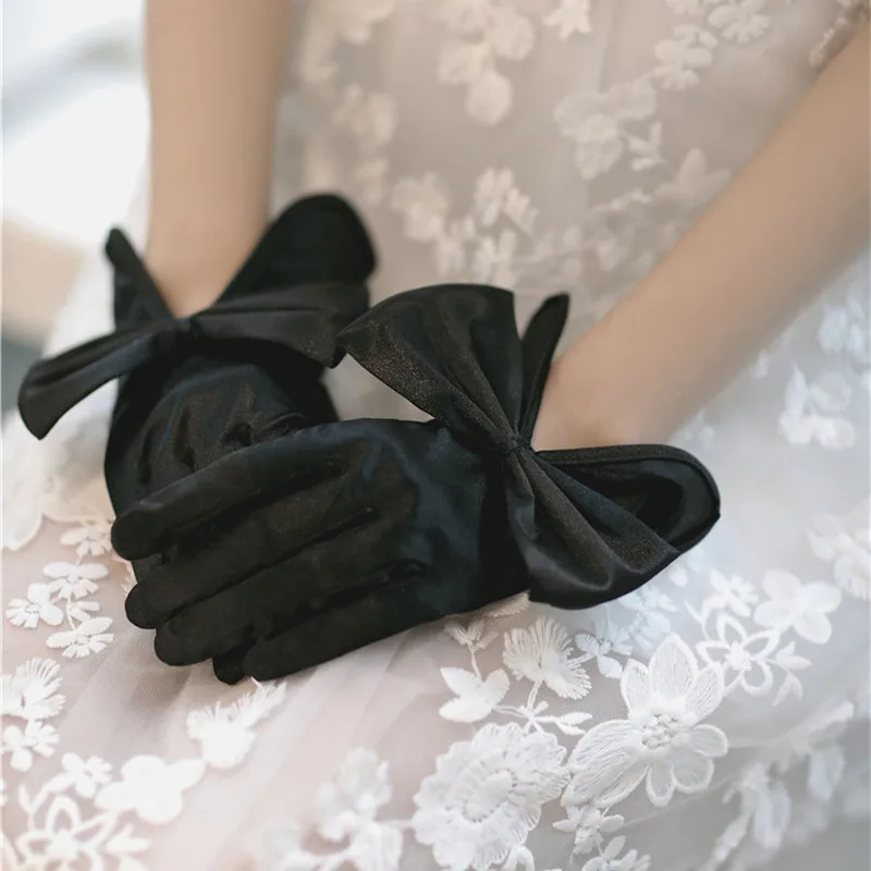 

Elegant Women Wedding Bridal Gloves Breathable Satin Ribbon Bow Black Marriage Bride Accessories