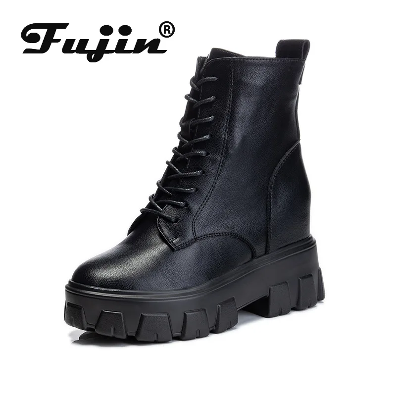 

Fujin 8cm New2022 Genuine Leather Mid Calf Sock Motorcycle Boots Platform Hidden Heel Warm Fur Women Autumn Winter Lace Up Shoes