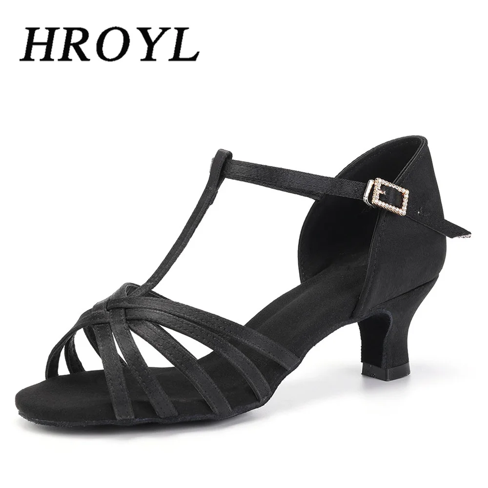 HROYL Latin Dance Shoes For Women Elegant T Straps Design Soft-Sole Woman Ballroom Shoes Salsa Dancing Shoes