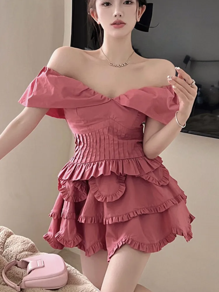 

High Quality French Summer Sexy 2 Piece Set Women Short Crop Top + Cake Skirt Suits Korean Fashion Sweet Two Piece Suits