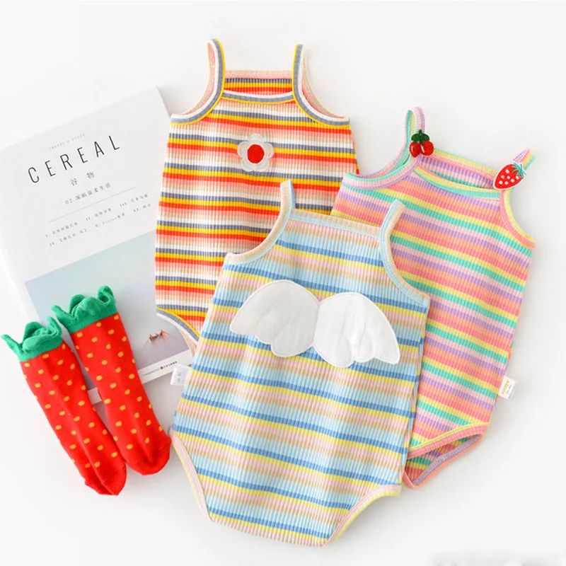 

Baby Girls Summer Cotton Bodysuits Rainbow Stripe Cute Wings Infants Onepiece Clothes Sleeveless Playsuits