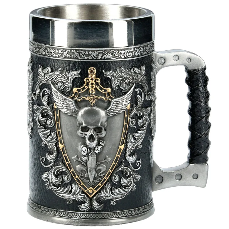 

3D Beer Mugs Stein Tankard Double Headed Eagle Winged Sword And Shield Skull Crest Stainless Steel & Resin Coffee Cup Mug
