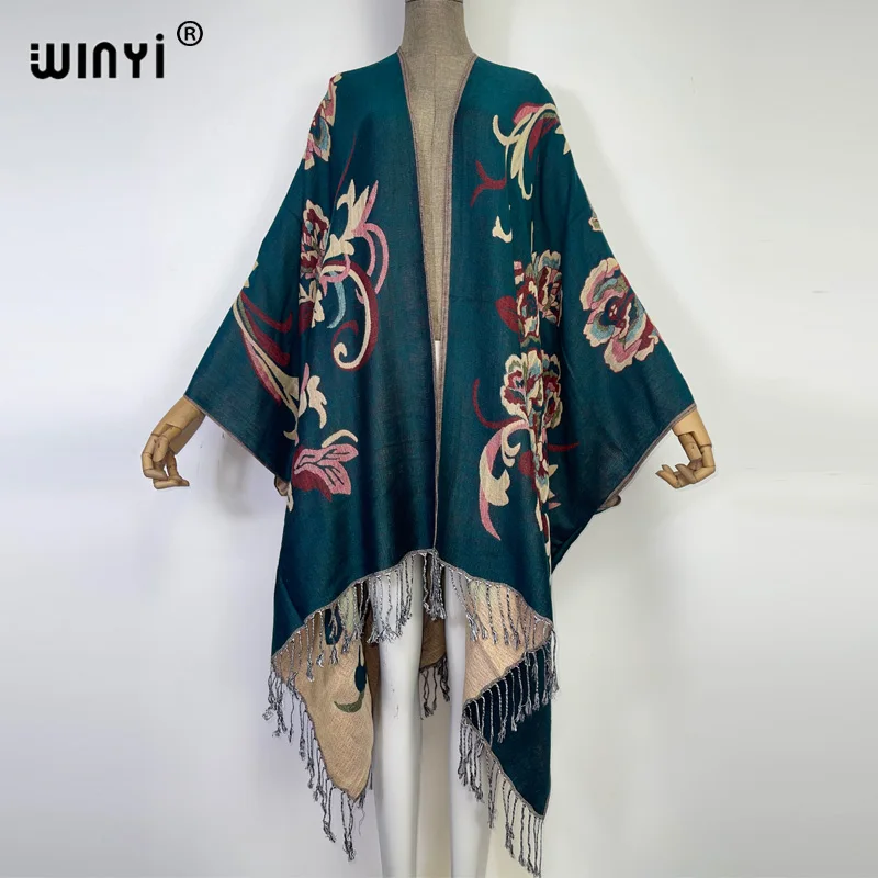 

WINYI Women Knitting coat Capes Autumn New 2021 Female Fashion Bohemian kimono Cloak Tassel Double layer winter gauze Clothing