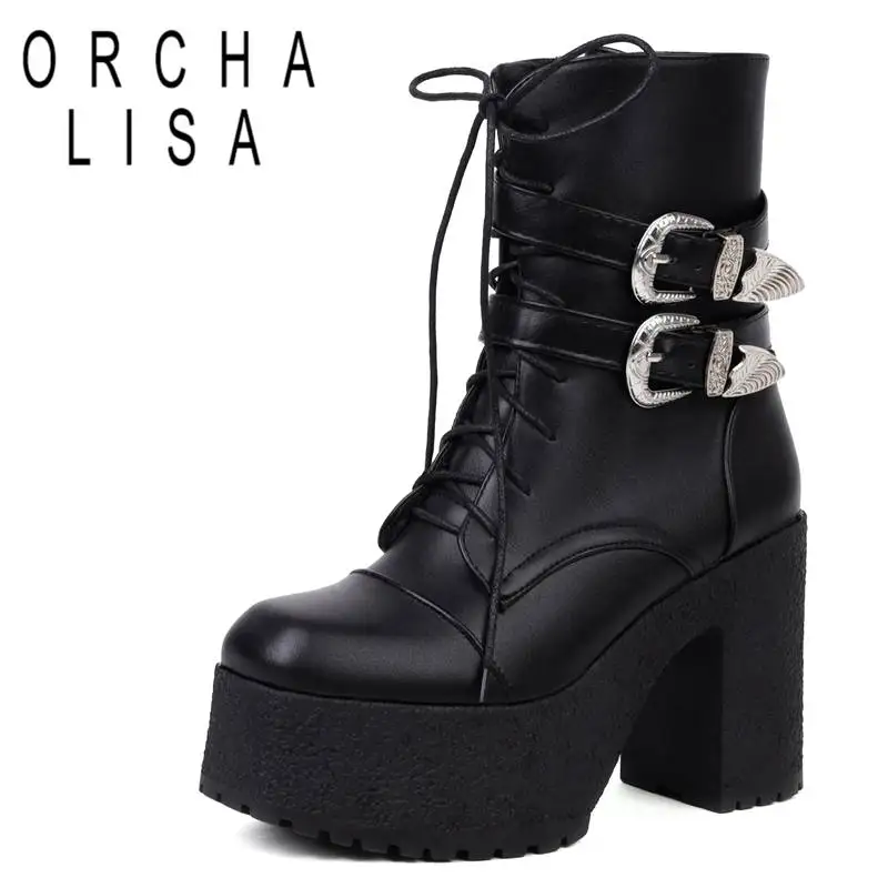 

ORCHALISA Women Boots Square Toe Shaft 17.5cm Platform 5cm Chunky Heels 10.2cm Zipper Lace-up Buckle Punk Big Size 35-43 Solid