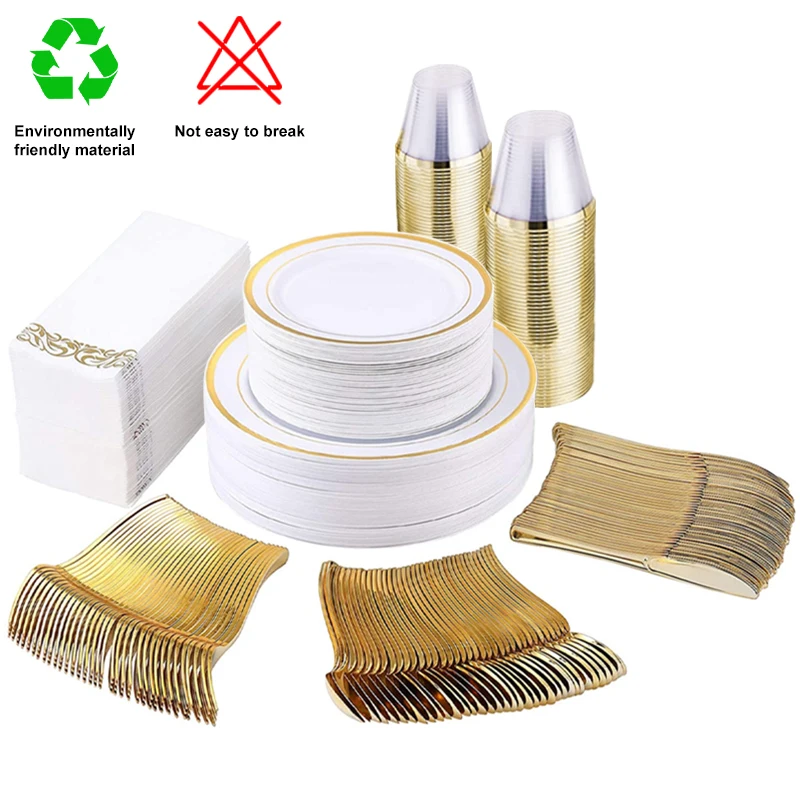 

50 Guests Disposable Dinnerware Set Rim Plastic Plates Knives Forks Spoons Silverware Linen Like Paper Napkins Cups For Wedding