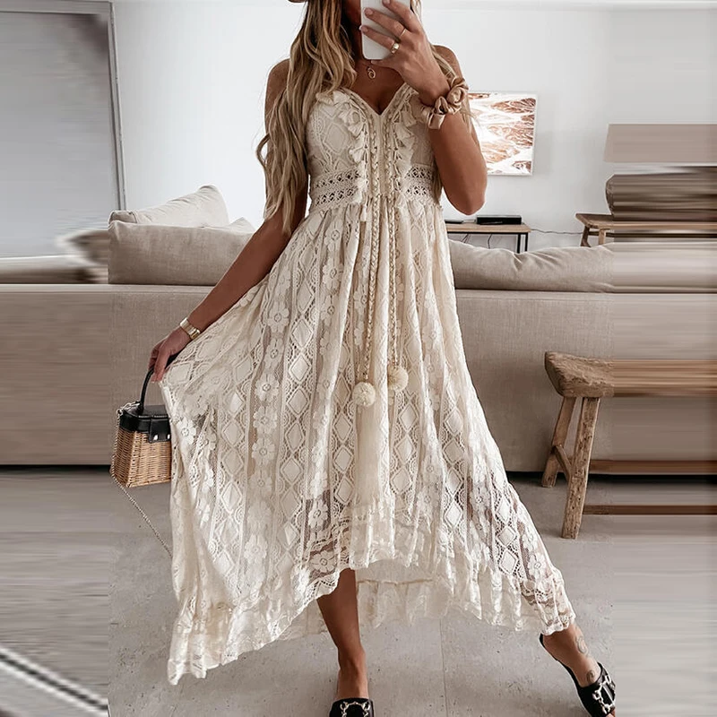 

Off Shoulder Lace Patchwork Elegant Dress Women Summer 2021 V Neck Spaghetti Strap Dress Female New Fashion Solid Party Dresses