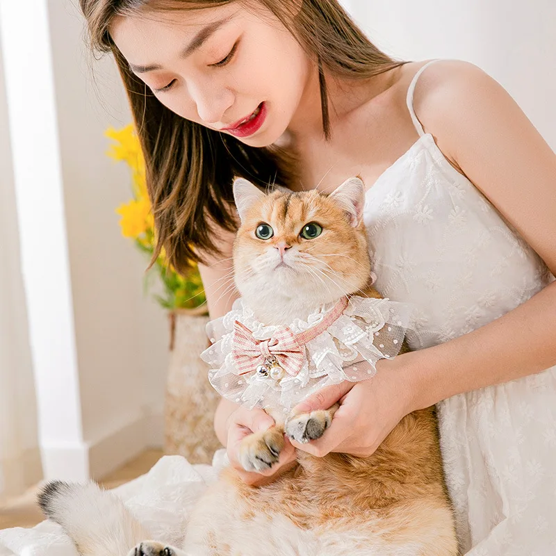 

Lace Bowknot Pearl With Bell Neckerchief Pet Cats Kitten Dog Puppy String Bib Necklace Necktie Neck Strap Scarf Accessories