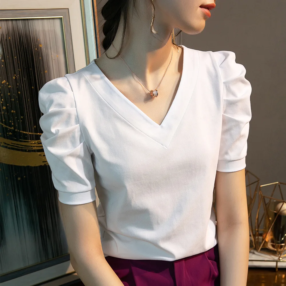 

V-neck Short-sleeved T-shirt Women's 2022 Summer New Skin-friendly Breathable Ice Cotton Puff Sleeve White Top Fashion Clothing