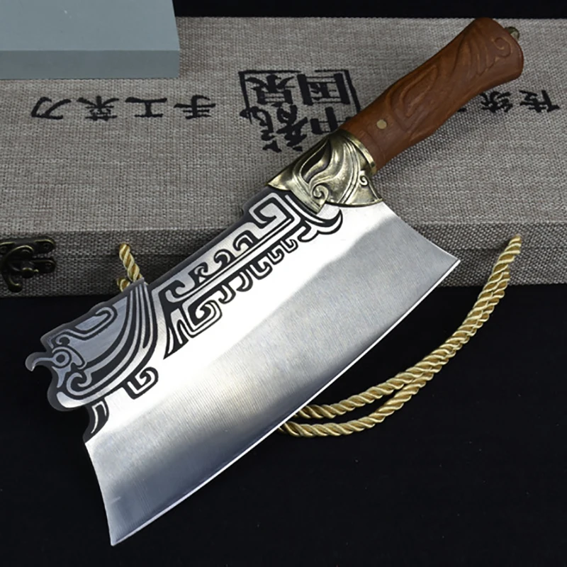 

Longquan Kitchen Knife 8.5 Inch Chopper Slicing Handmade Forged Knife Copper Decor Beautiful Knife With Patterns Cooking Tools