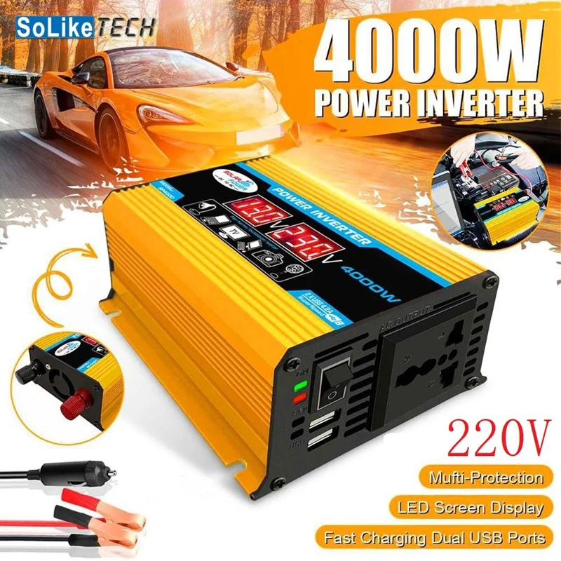 

DC12V To AC 4000W Car Power Inverter Dual USB LCD Display Fast Charging Voltage Capacity Transformer Converter