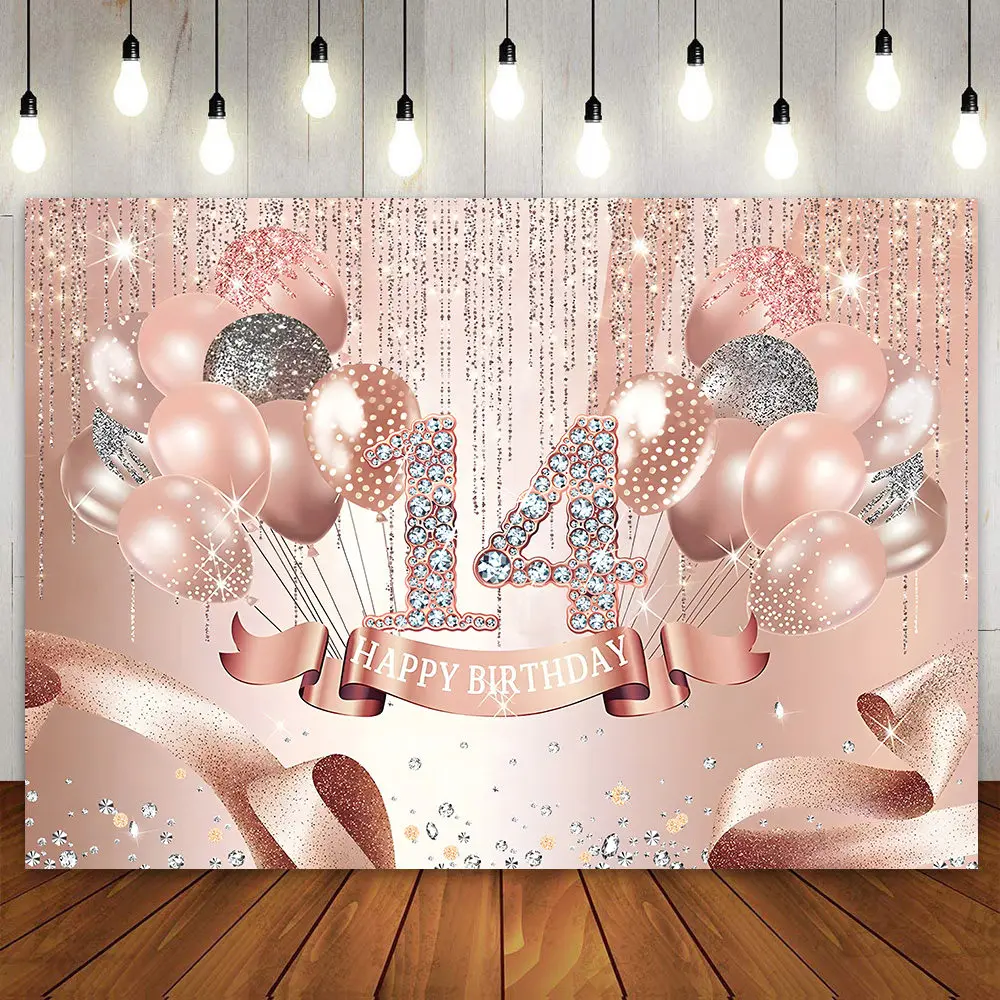 

Happy 14th Birthday Backdrop for Girls Pink Rose Gold Glitter Photo 14 Years Old Party Banner Decoration Booth Poster Background