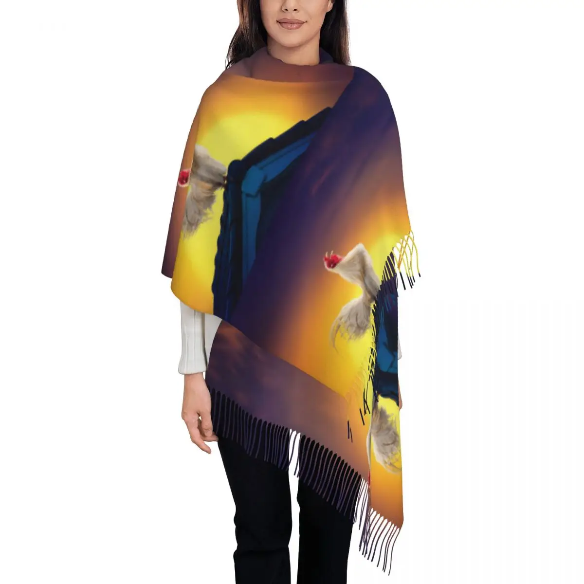 

Personalized Printed White Rooster Crowing On Roof Sunrise Sky Long Pile Fringe Men Scarf Women'S Anti Chill Scarf