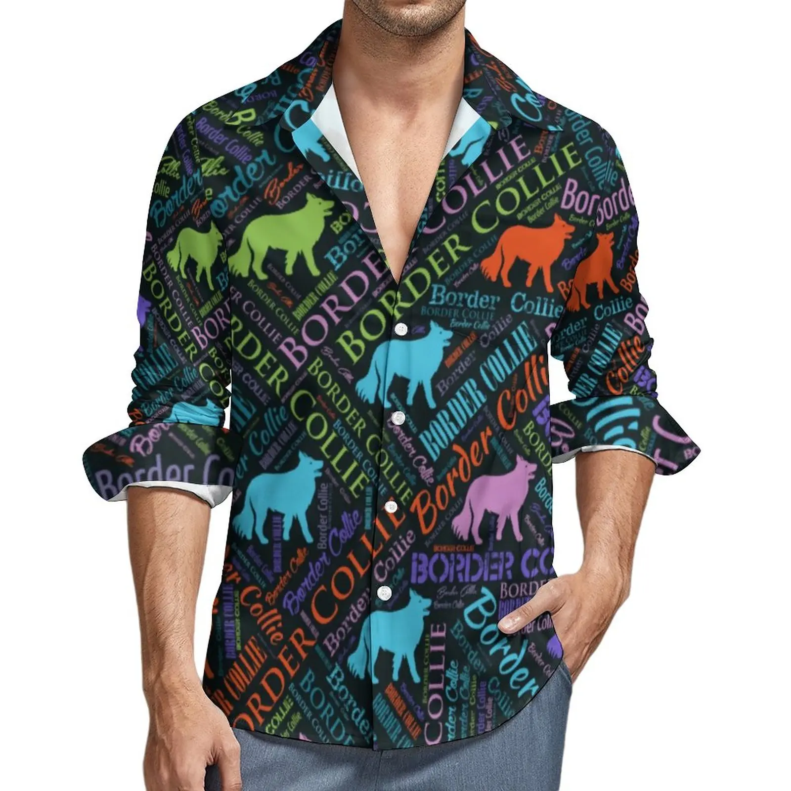 

Рубашка с надписью «Art»; Сезон осень; Повседневные рубашки с изображением колли; Мужские Винтажные блузки с длинными рукавами; Одежда в улич...