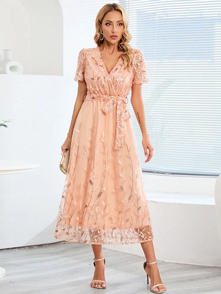 

Вечерние, Клубное элегантное платье, летнее женское платье, новинка 2023, вышивка, короткий рукав, v-образный вырез, сексуальные женские платья, женские свободные платья