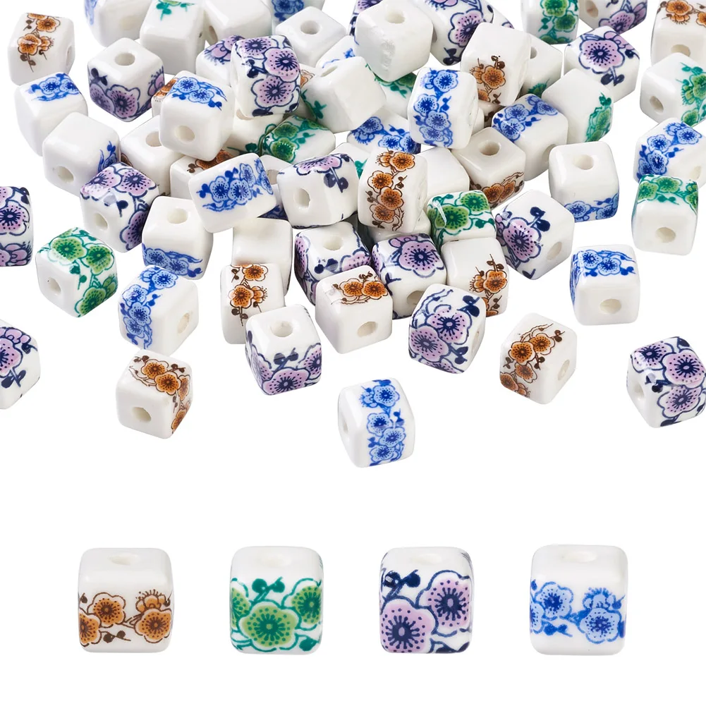 

72Pcs Handmade Porcelain Beads Flower Printed Ceramic Square Spacer Loose Beads For Jewelry Making DIY Bracelet