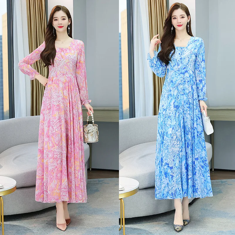 Muslim  Chiffon Casual Boho Beach Maxi Dress 2023 Spring Autumn Elegant Vintage Sundress Women Long Sleeve Party Midi Dress