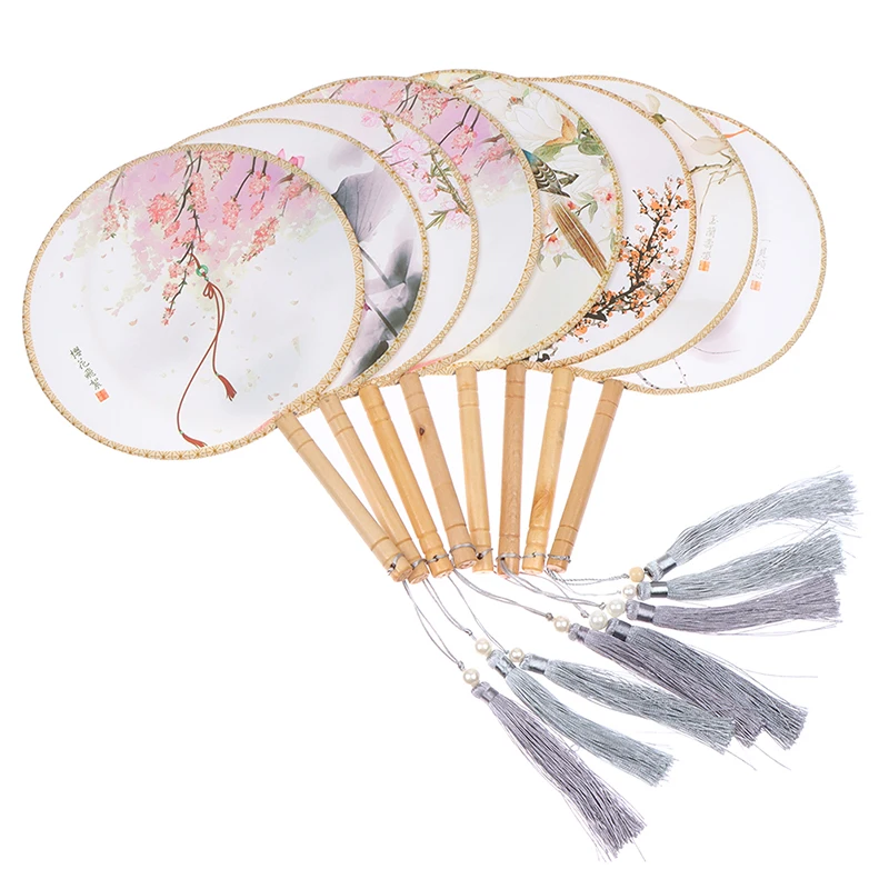 

Chinese Style Round Fan with Wooden Handle Portable Printed Vintage Fan