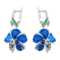 925 sterling silver female luxury earring excellent blue enamel flower elegant earrings for woman girl wedding jewelry earrings