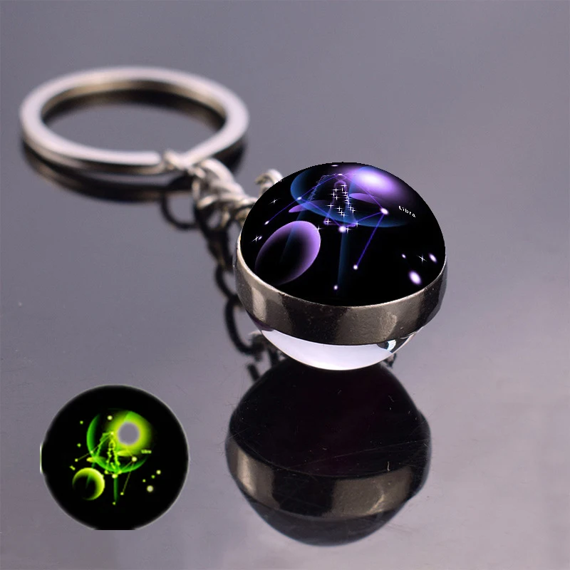 

12 Constellation Gem Pendant Luminous Keychain Glow In The Dark Moon Double Sided Glass Ball Keyring Fashion Jewelry For Women