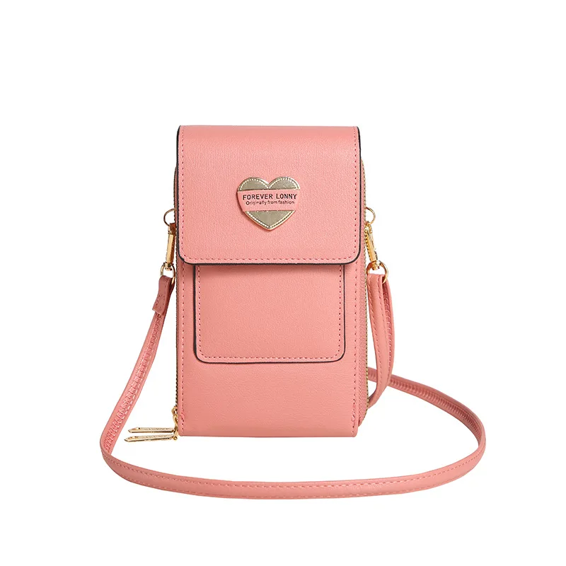 Women's Bags Soft Love Hearts Wallets Touch Screen Mobile Phone Pouch Crossbody Shoulder Handbag for Female Cheap Purse Leather