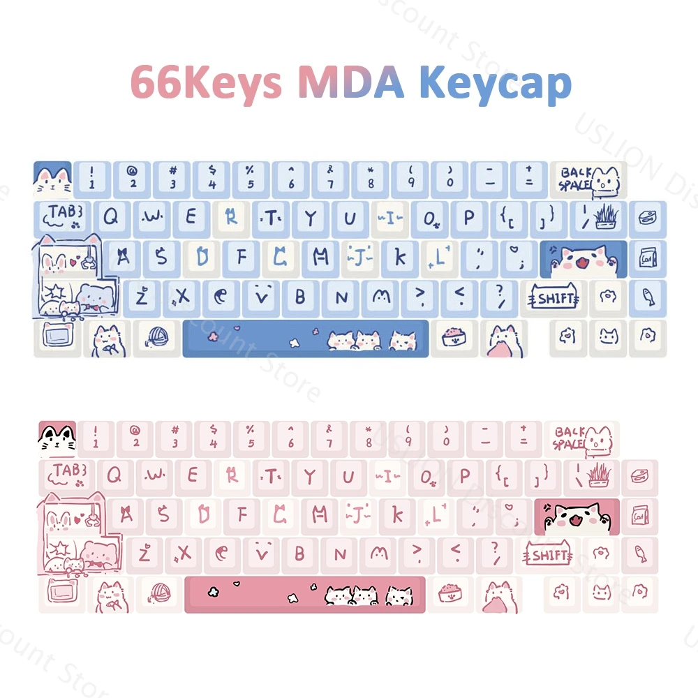 

Колпачки для механической игровой клавиатуры, пятисторонние клавиши с сублимационной печатью для клавиш Mx Switch PBT, 66 клавиш с изображением кота, голубого и розового цветов