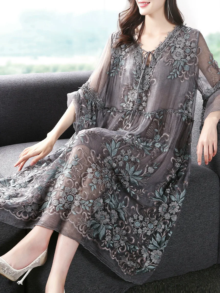 

100% Silk Spring Summer Dress Woman Vintage Midi Dress Female Clothes Dresses For Women 5xl Casual 2021 Vestidos Pph3198