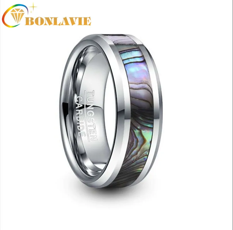 

BONLAVIE 8mm Tungsten Carbide Ring Steel Color Inlaid Abalone Shell Men's Ring Wedding Band Ring Male Anillos