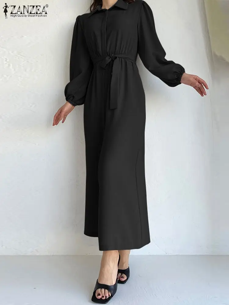 

Брюки ZANZEA женские с завязкой на талии, Длинные однотонные широкие брюки с буффами на рукавах, модные длинные Комбинезоны с лацканами