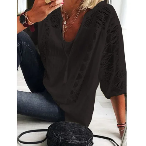 Large Size Loose Cotton Womens Blouse 2023 Summer Women Blouse Tops Fashion Casual V-neck Five-point Sleeve Lace Plus Size Shirt
