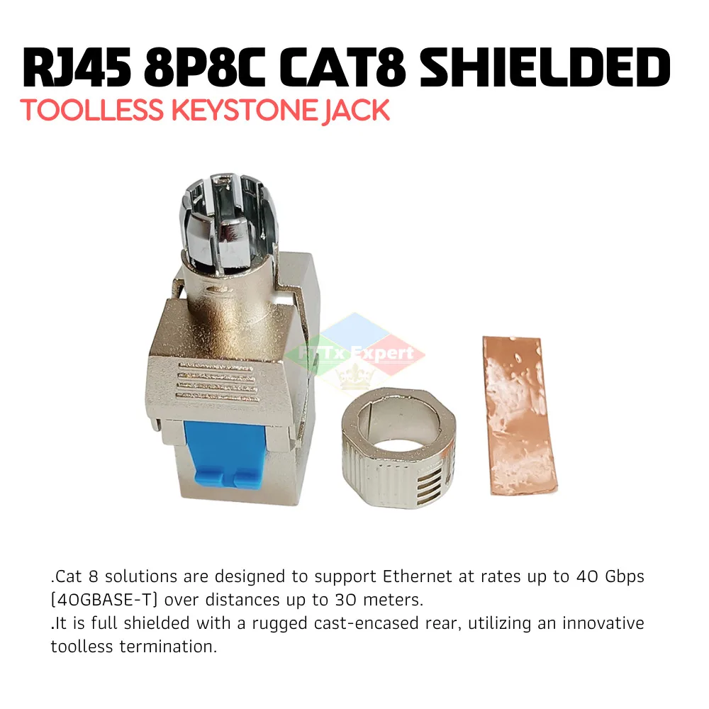 50 Pcs/Lot Alloy shielded CAT8 180 degree FTP Keystone Jack screw Style shielded RJ45 40G Tool-free CAT7/8/6A General Module