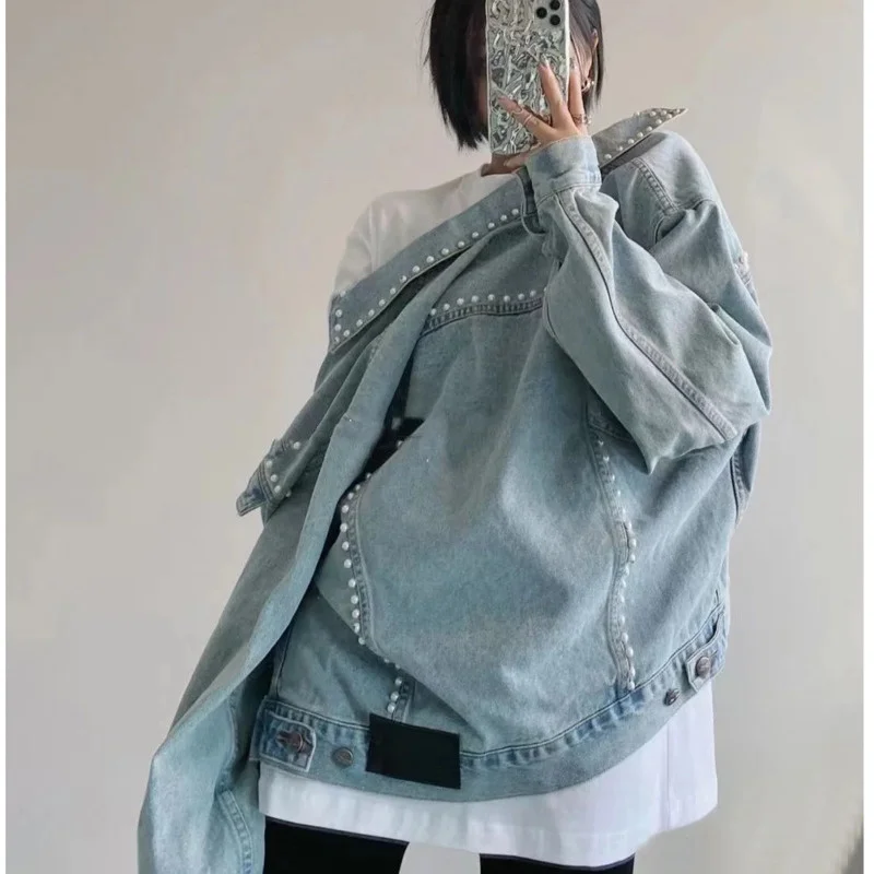 

2022 Spring Oversized Loose BF Vintage Jean Woman Studded Jacket Coat Cowboy Crop Long Denim Jacket Women Coats Women's Jackets